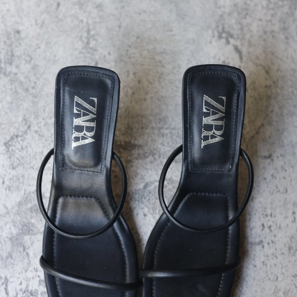 Zara 38 Heeled Leather Square Toe Sandals Black - Picture 5 of 5